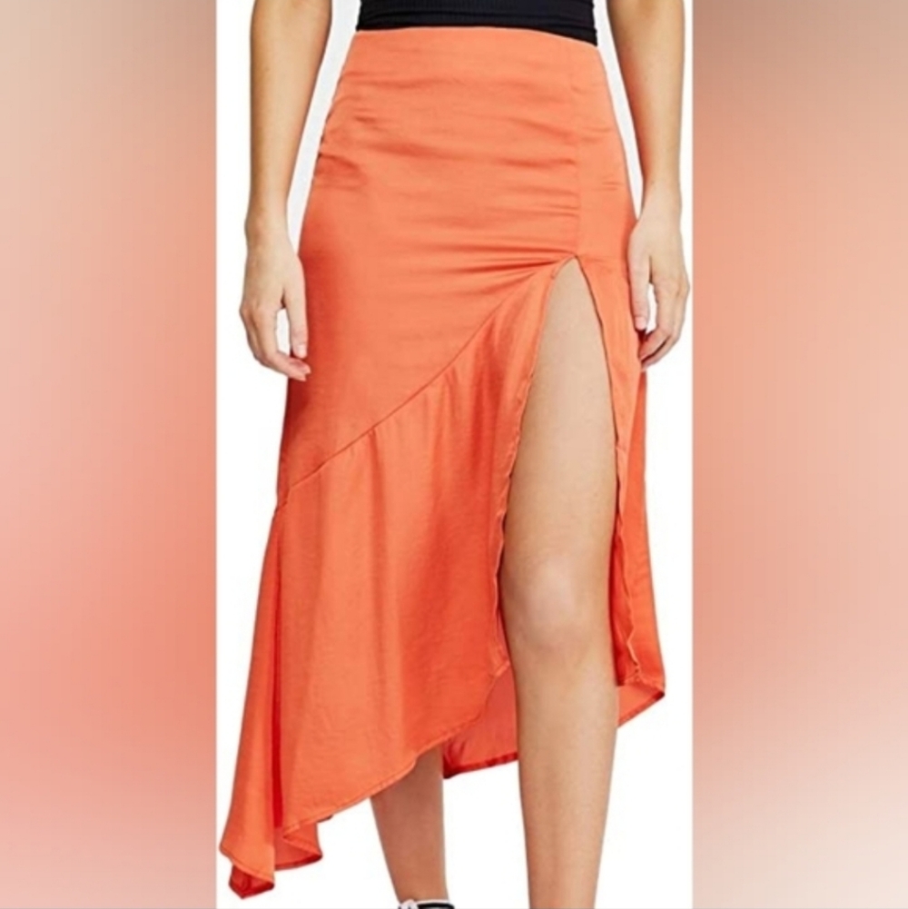 Free People Lola Orange Slit Ruffled Midi Skirt